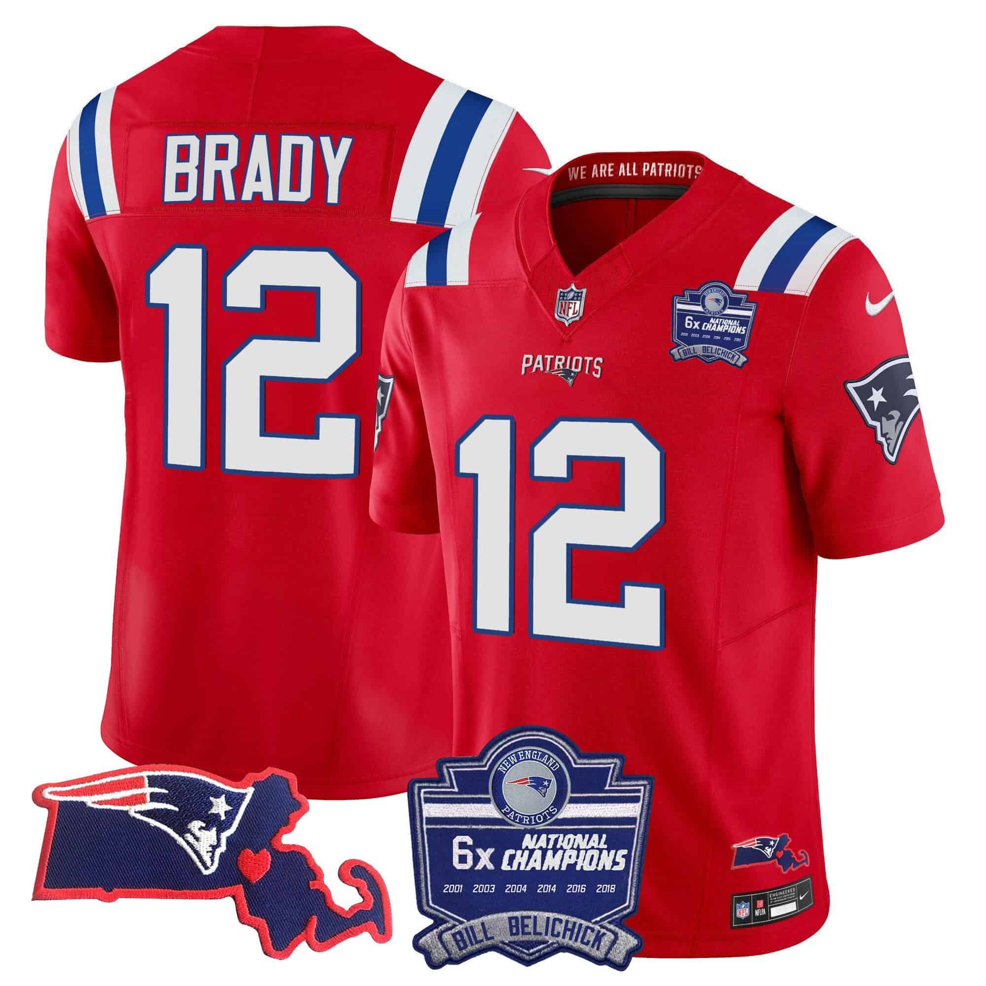Men New England Patriots #12 Brady Red 2024 Nike 6x Champions Patch Vapor Limited NFL Jersey